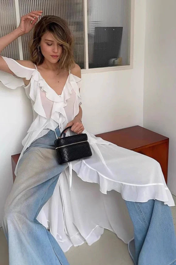 Tie V Neck A Line Ruffle Chiffon Cami Top - Image 2