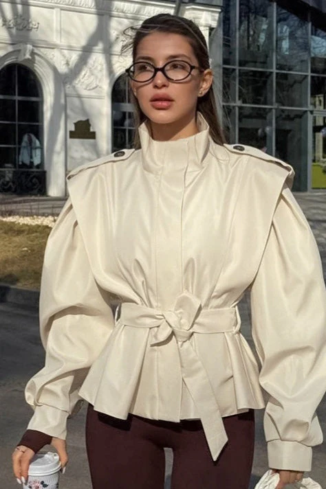 Tie-Waist Collared Long-Sleeve Loose Trench Coat - Image 10