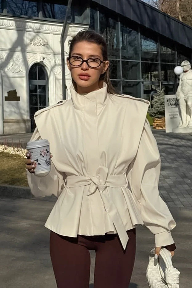 Tie-Waist Collared Long-Sleeve Loose Trench Coat - Image 11
