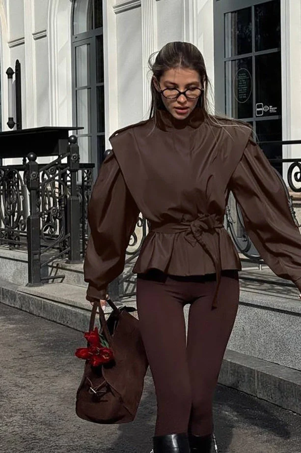Tie-Waist Collared Long-Sleeve Loose Trench Coat - Image 3