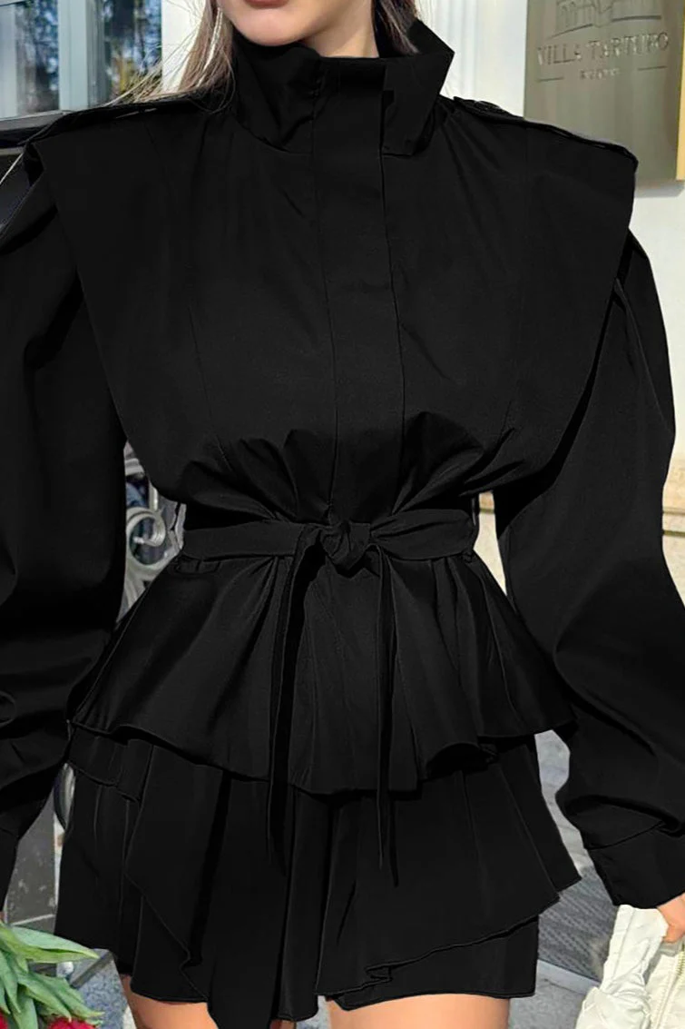 Tie-Waist Collared Long-Sleeve Loose Trench Coat - Image 8