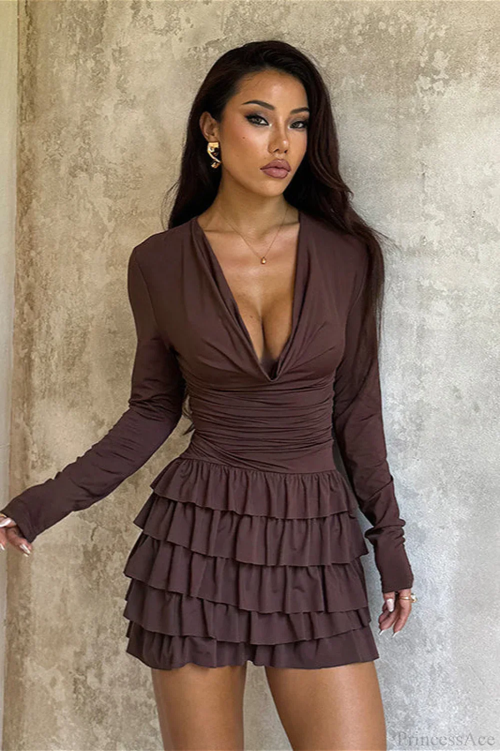 Tiered V-Neck Ruched Slim Mini Dress - Image 3