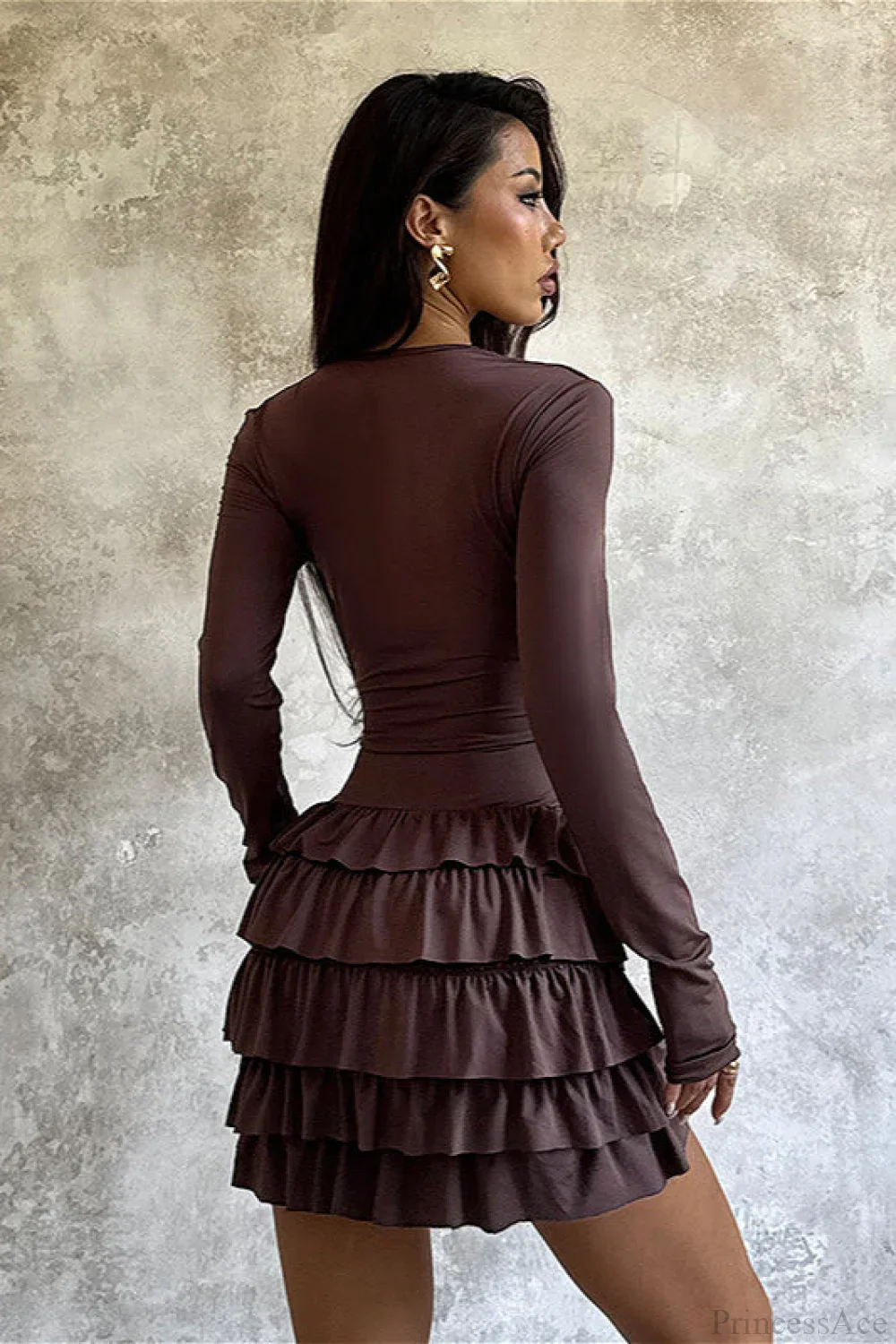 Tiered V-Neck Ruched Slim Mini Dress - Image 4