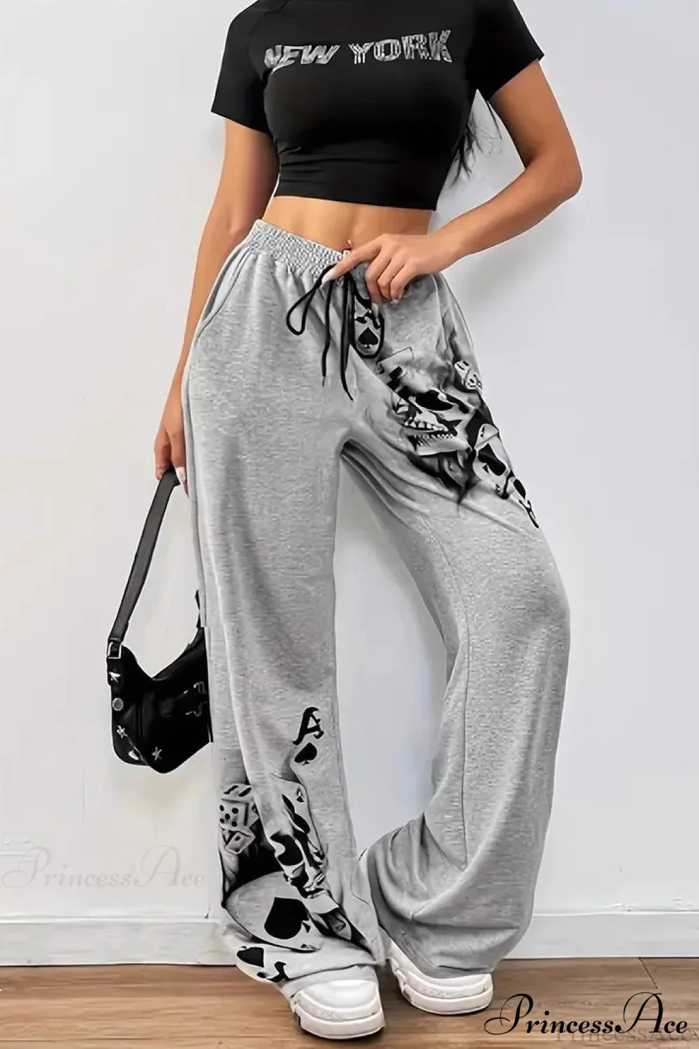 Tire Track Print Drawstring Loose Wide-Leg Pants - Image 2