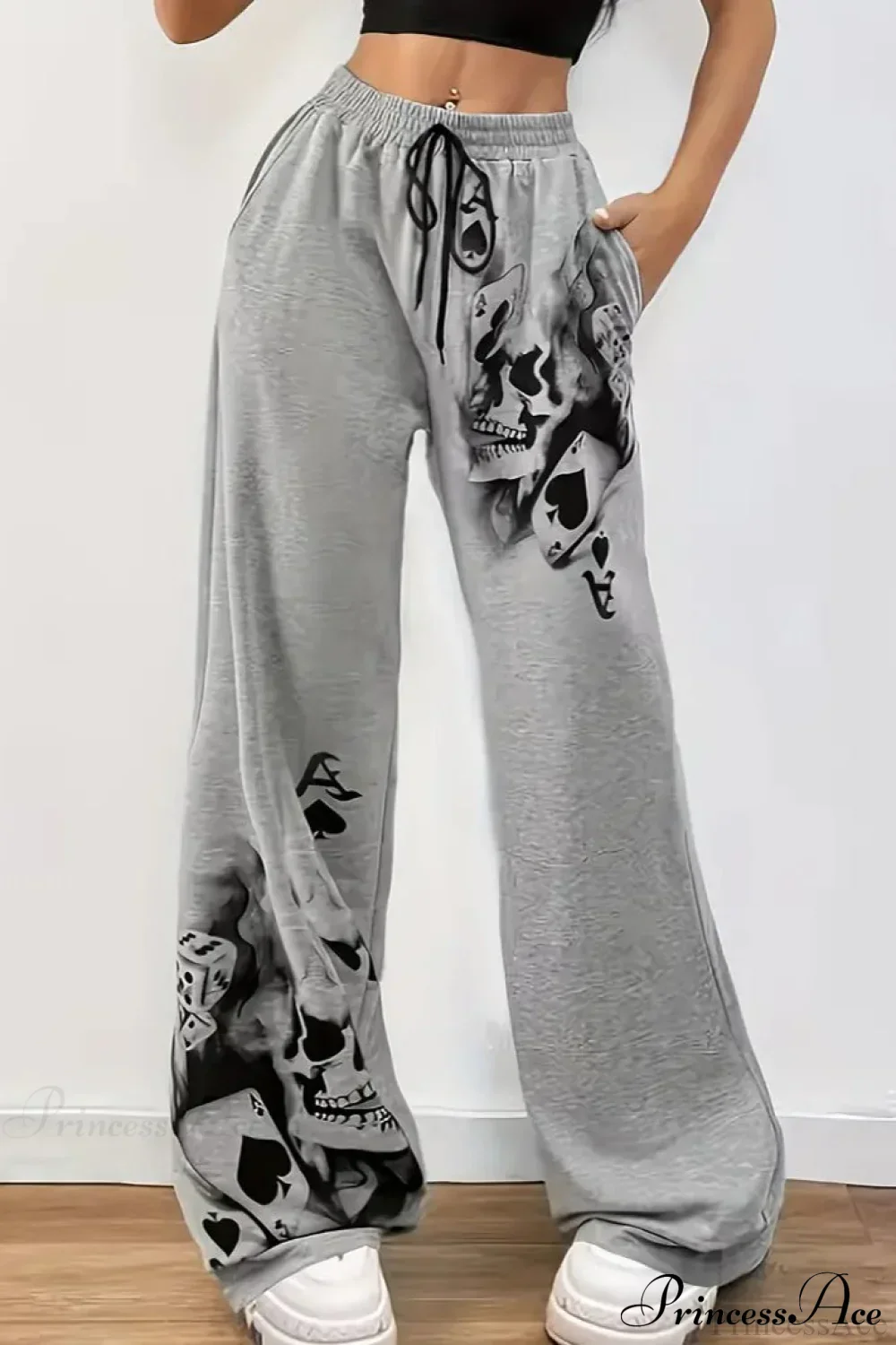 Tire Track Print Drawstring Loose Wide-Leg Pants - Image 4