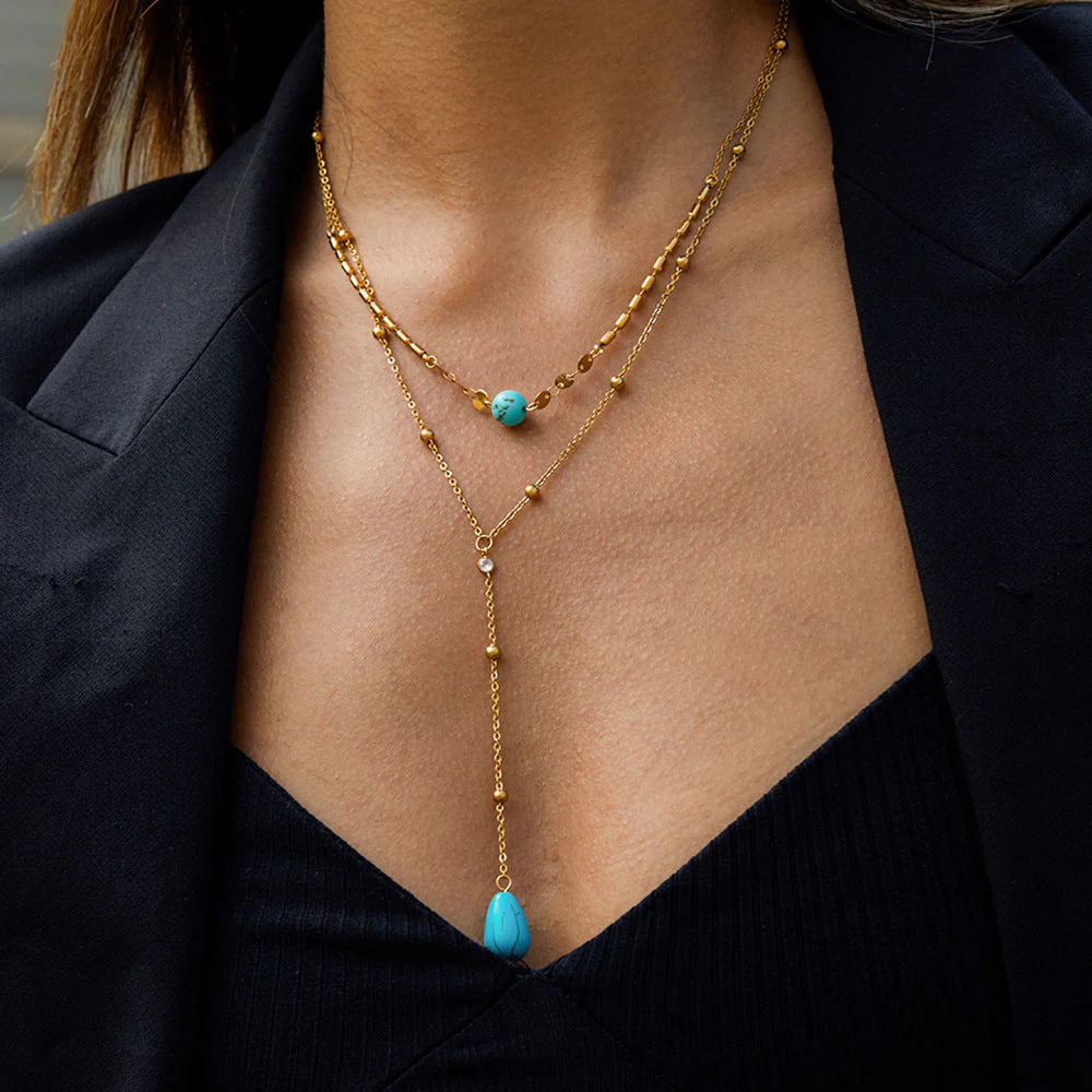 Titanium Blue Turquoise Double Layer Y-shaped NeckLace - Image 2