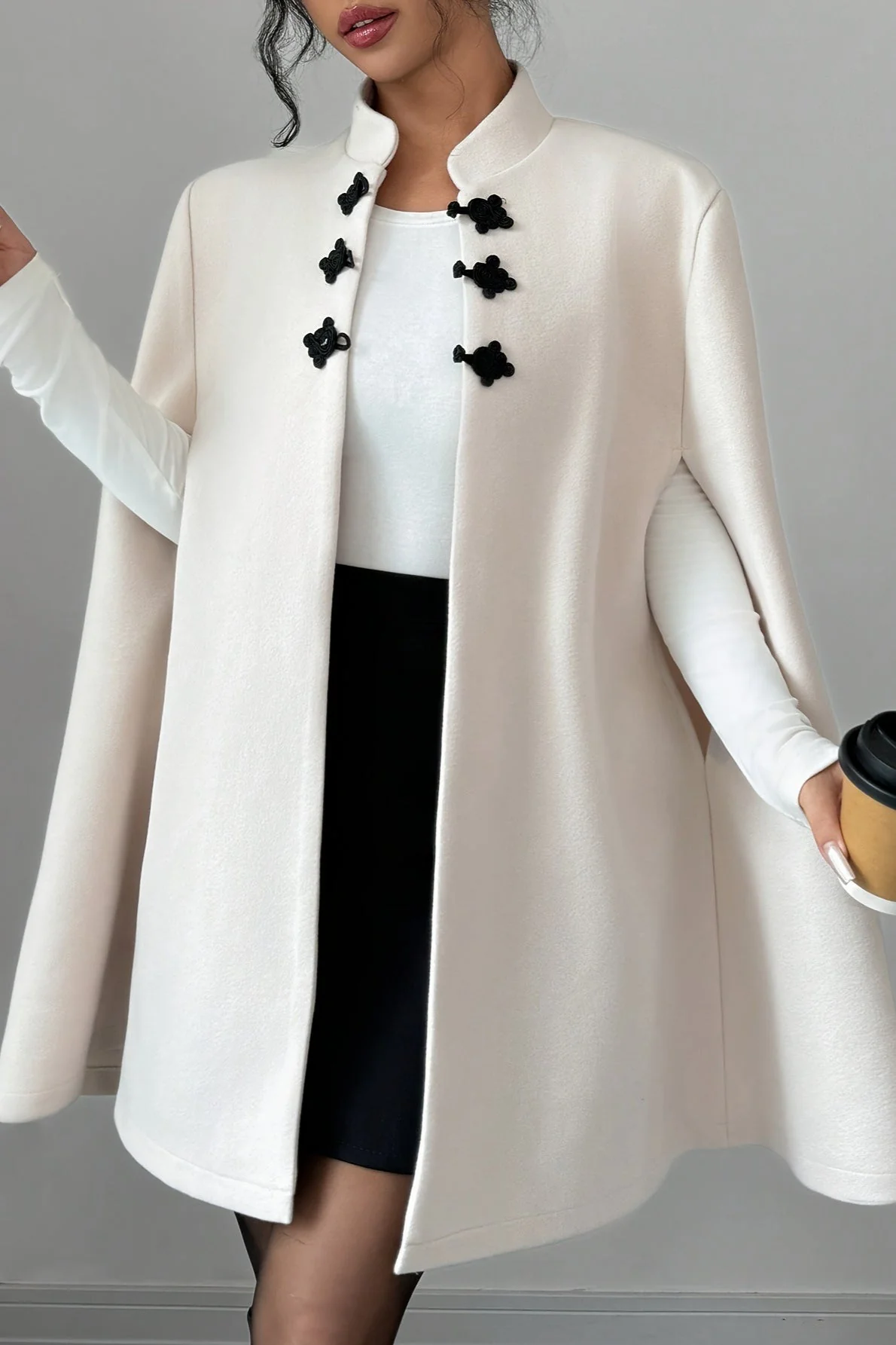 Trendy Color-blocked Frog Clasp Cape Coat - Image 2