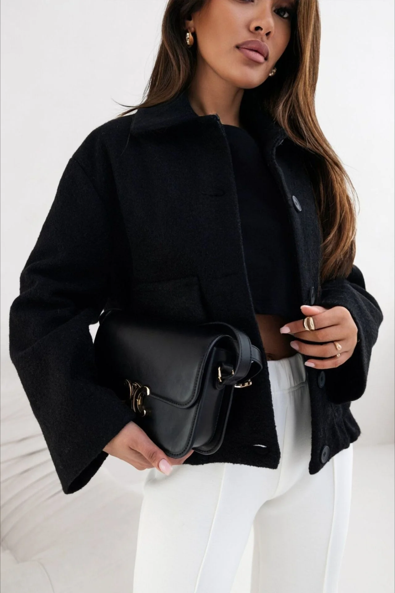 Trendy Solid Wool Pocket Elastic Snap Coat - Image 10