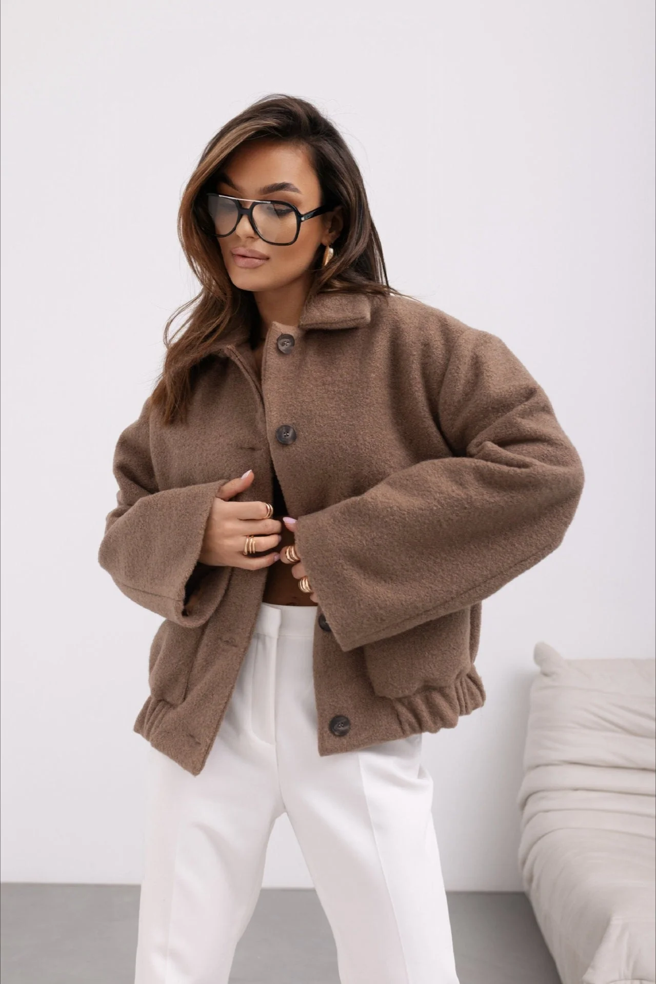 Trendy Solid Wool Pocket Elastic Snap Coat - Image 2