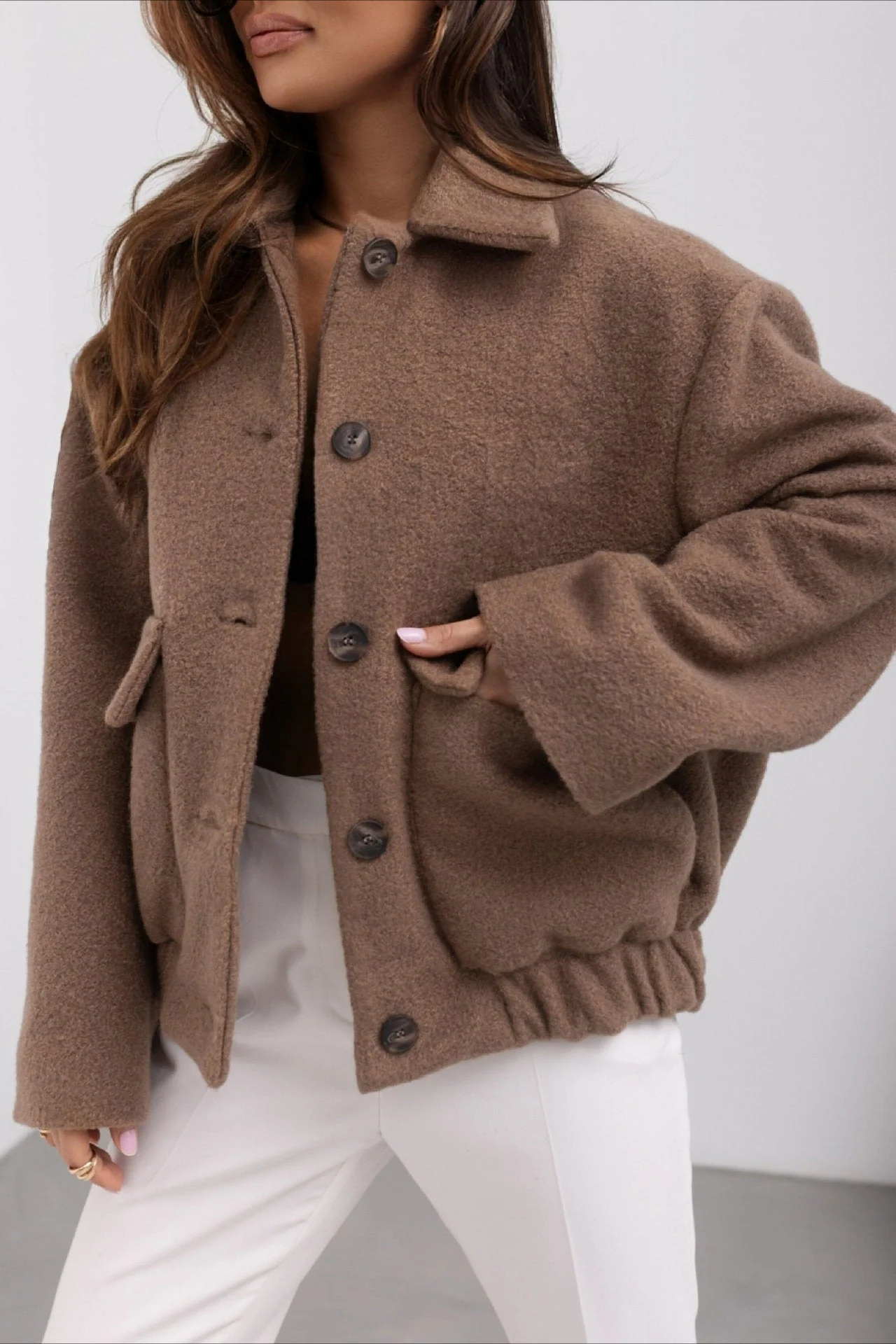 Trendy Solid Wool Pocket Elastic Snap Coat - Image 4