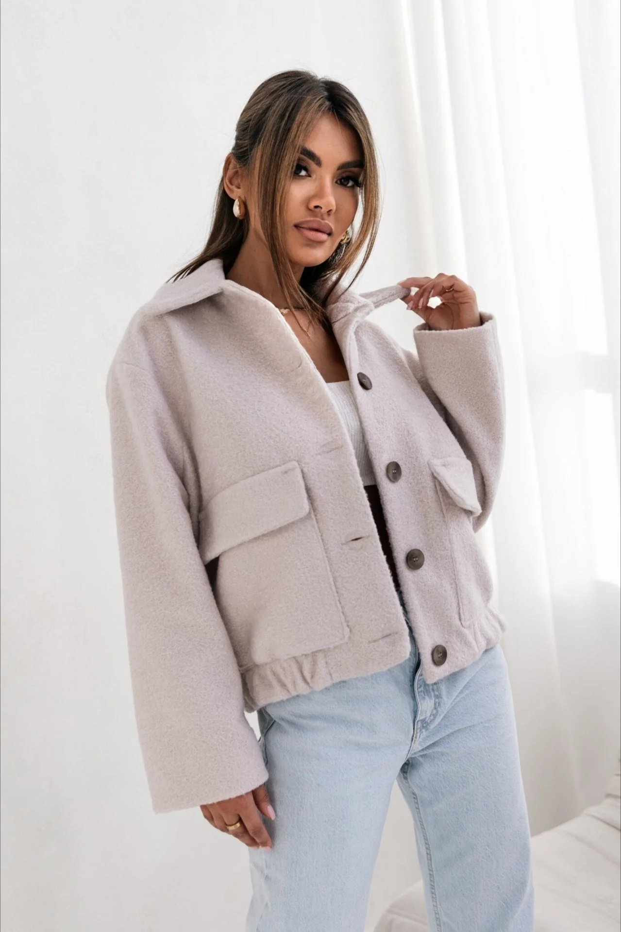 Trendy Solid Wool Pocket Elastic Snap Coat - Image 6
