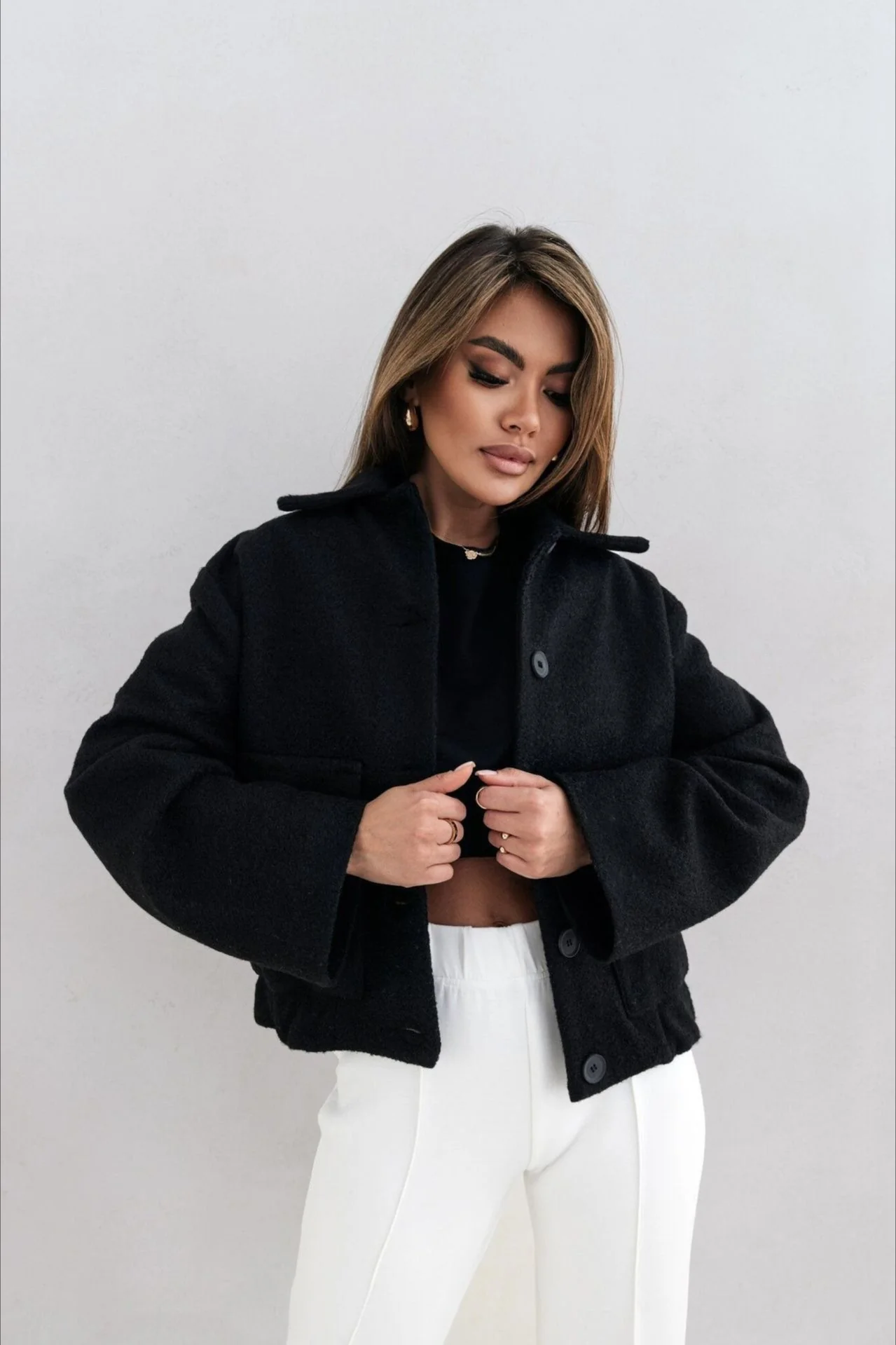 Trendy Solid Wool Pocket Elastic Snap Coat - Image 8