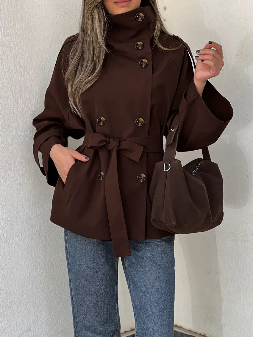Turtleneck Double Breasted Waist Tie Coat - Image 2
