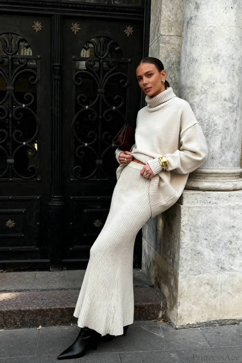 Turtleneck Knit Sweater Maxi Dress Two Piece Set - Image 3
