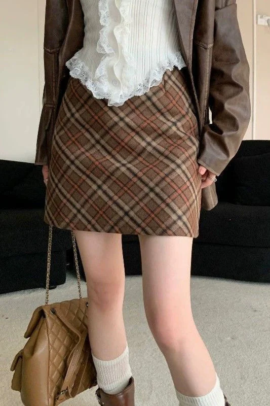 Tweed Plaid Vintage High Waist Fitted Short Skirt - Image 2
