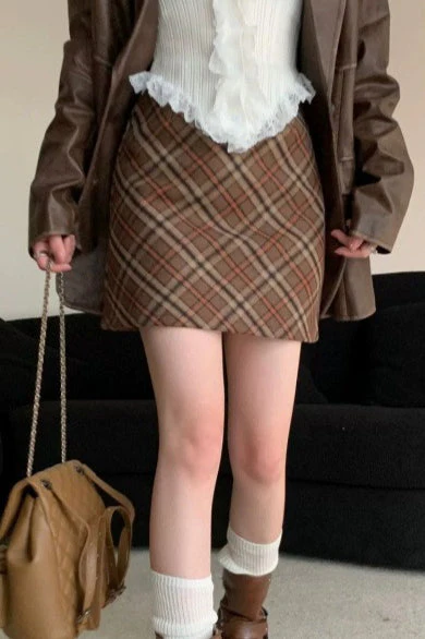 Tweed Plaid Vintage High Waist Fitted Short Skirt - Image 3