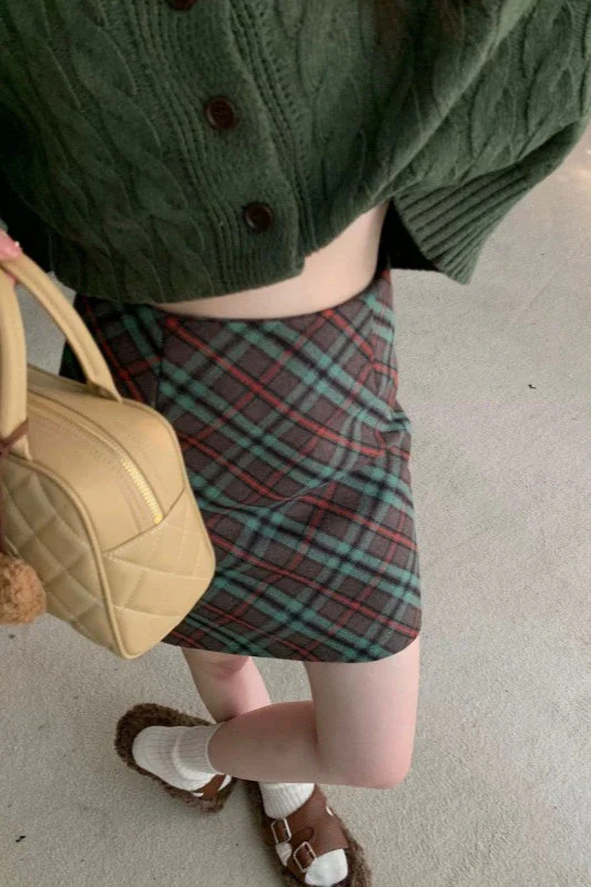Tweed Plaid Vintage High Waist Fitted Short Skirt - Image 5