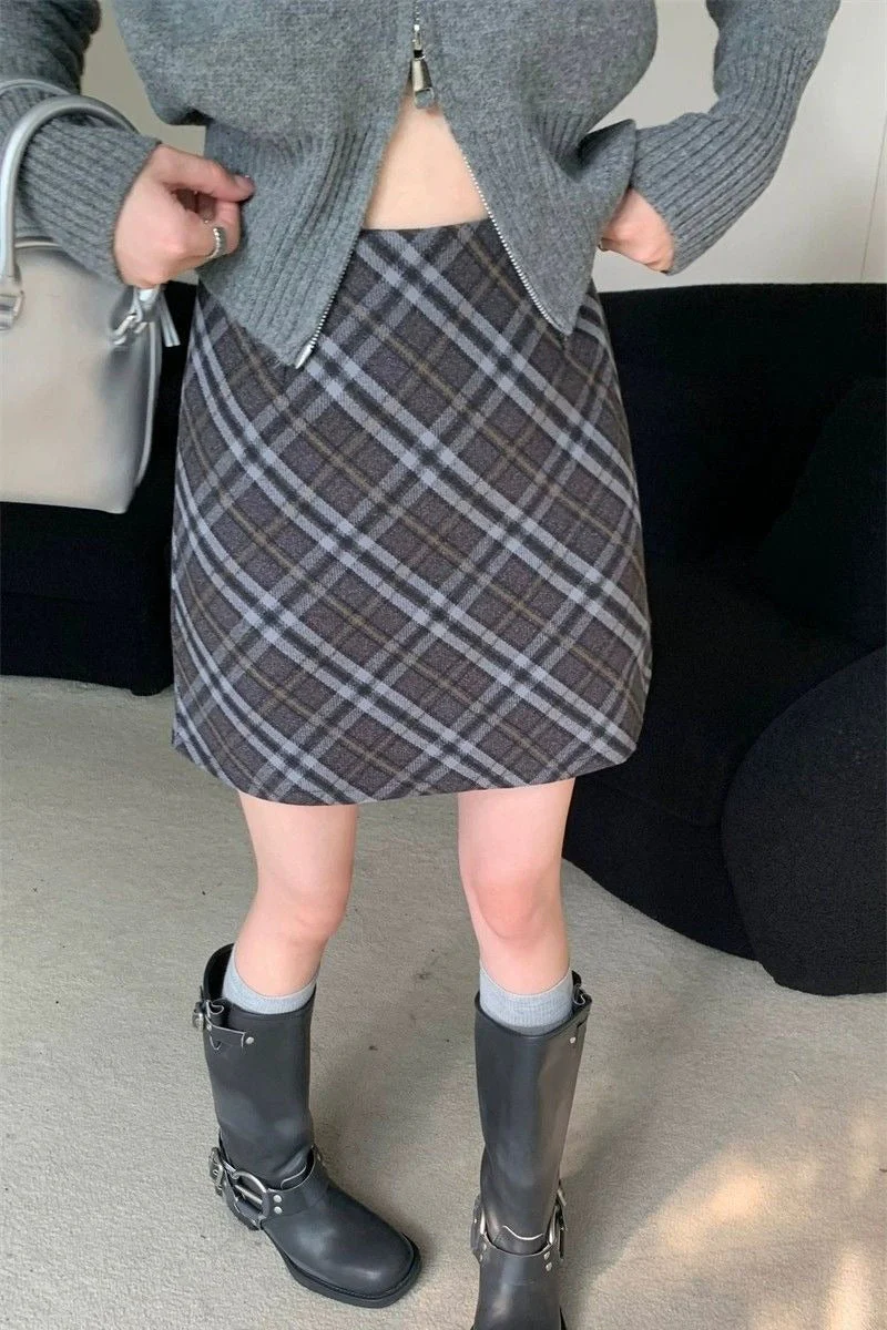 Tweed Plaid Vintage High Waist Fitted Short Skirt - Image 6