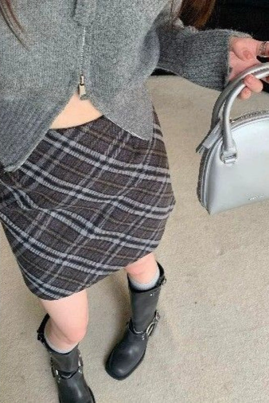 Tweed Plaid Vintage High Waist Fitted Short Skirt - Image 8