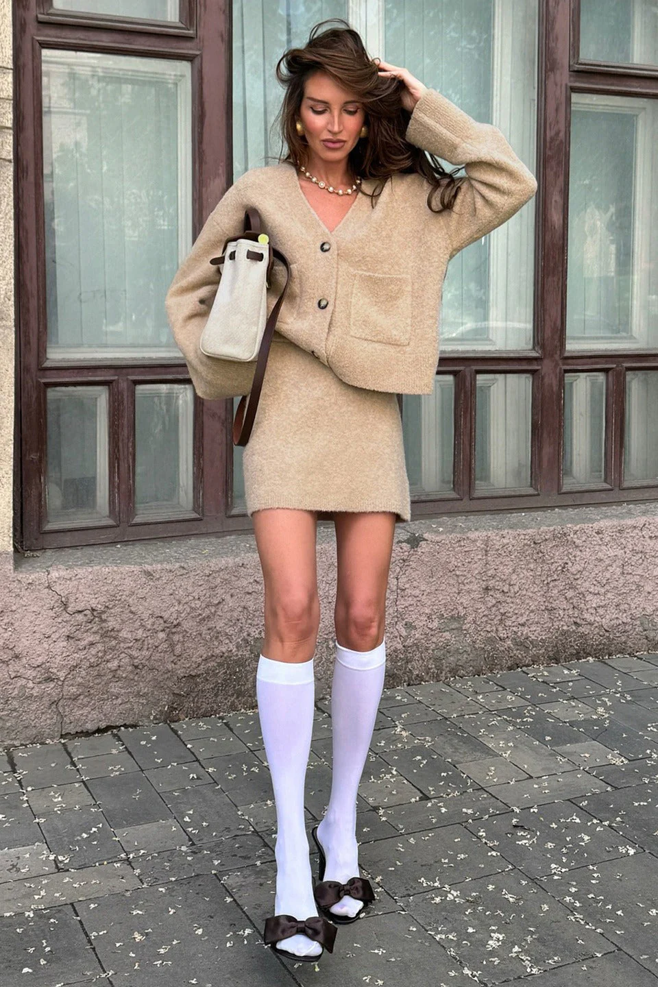 Tweed Solid Cardigan Skirt Set Chic Two Piece Set - Image 3