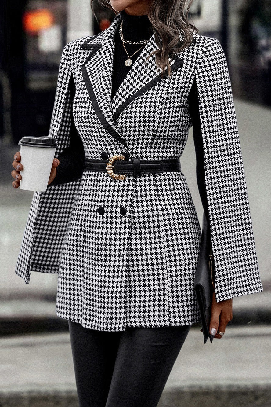 Tweed-style Houndstooth Split Long Sleeve Chic Blazer - Image 2