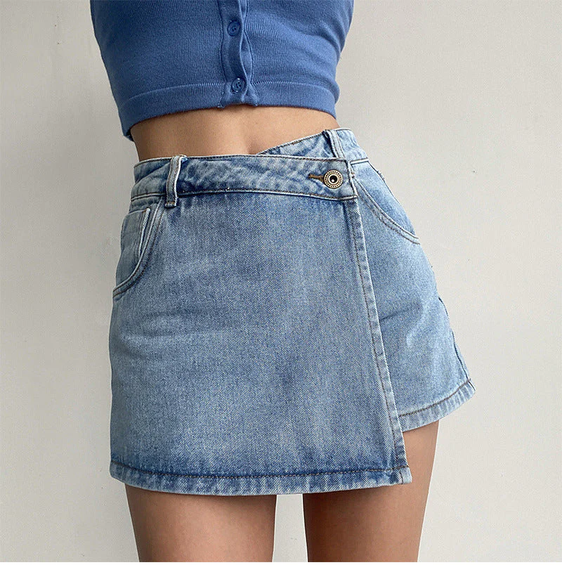 Two In One High Waist A Line Denim Shorts - Image 2