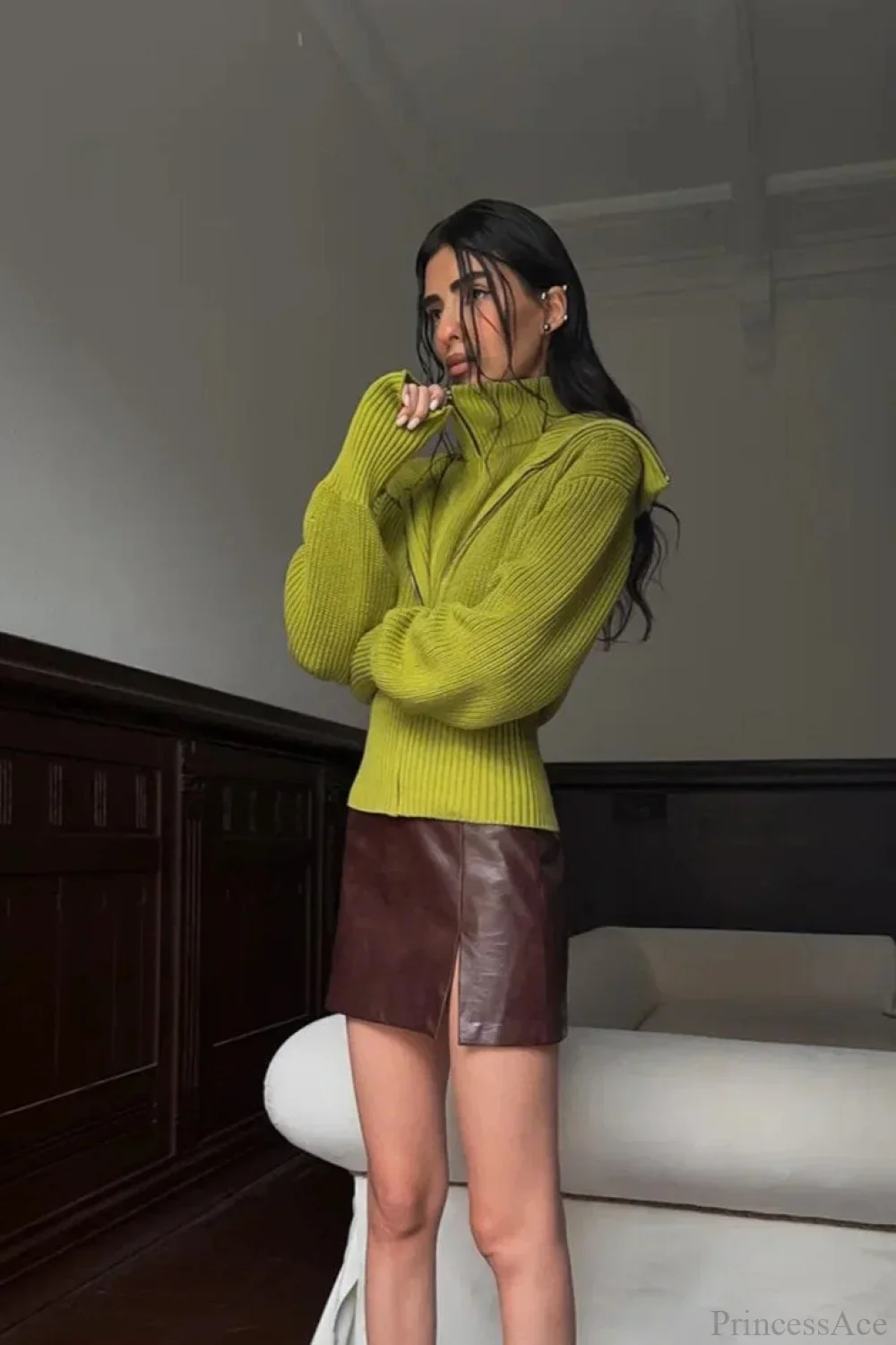 VintageTwo-in-one Solid Wide Lapel Zipper Sweater - Image 3