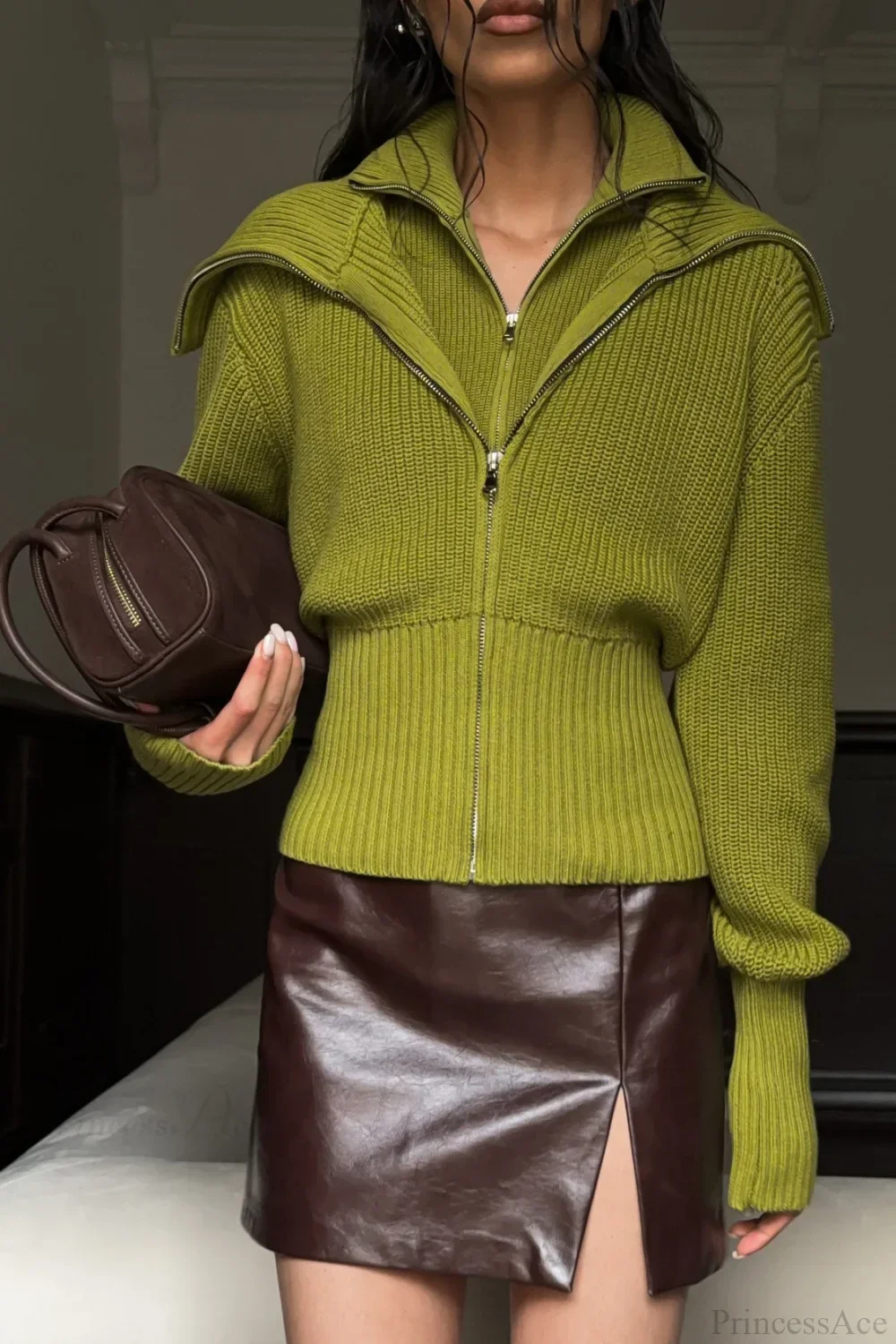 VintageTwo-in-one Solid Wide Lapel Zipper Sweater - Image 5