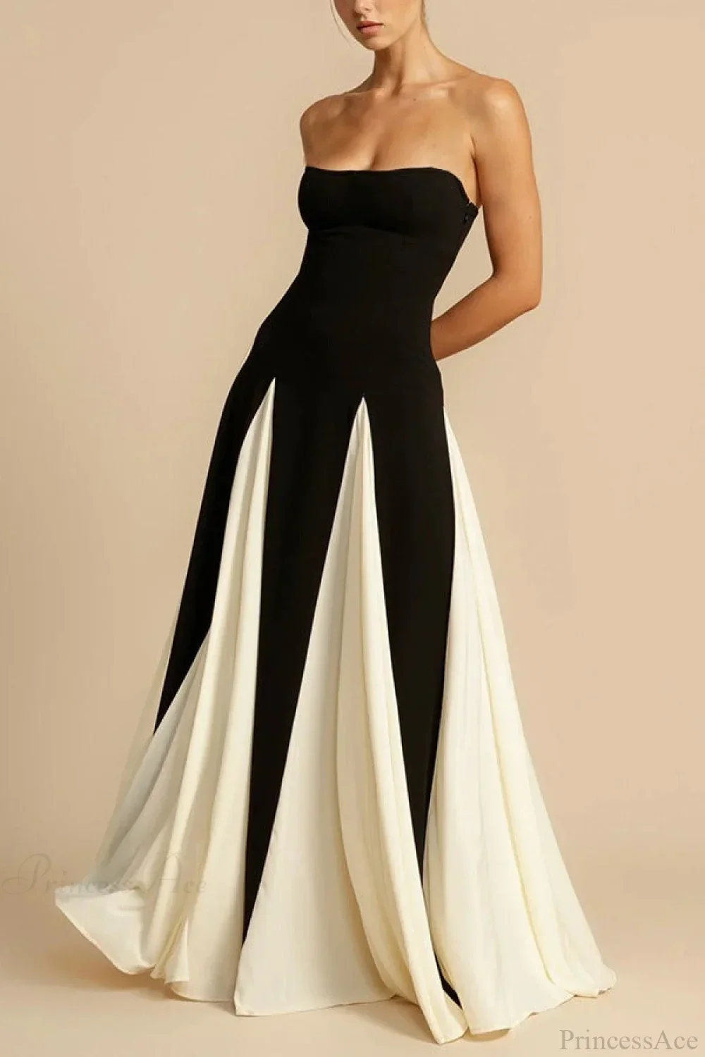 Two-Tone Paneled Tulle Strapless Evening Dress - Image 3