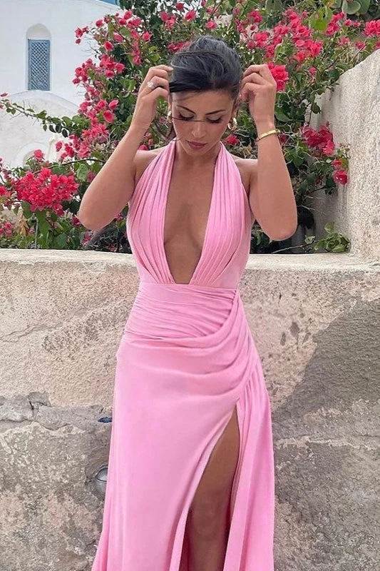 U Neck Halter Tie Ruched Slit Maxi Dress - Image 2