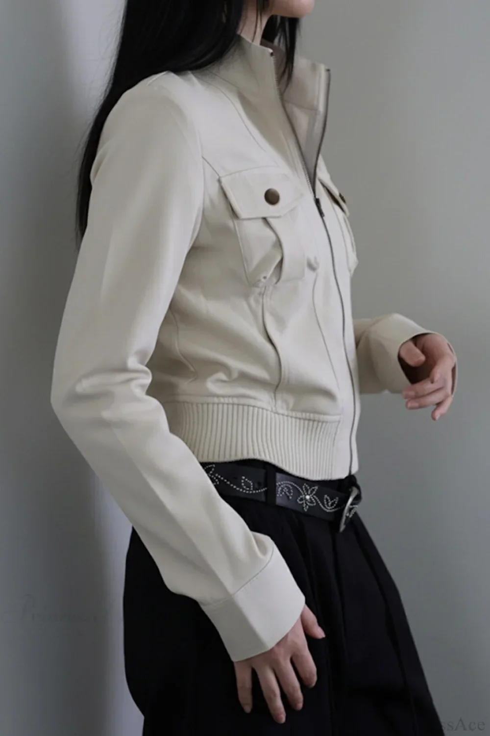Utility Solid Color Pocket Stand Collar Waist Cinched Jacket - Image 2