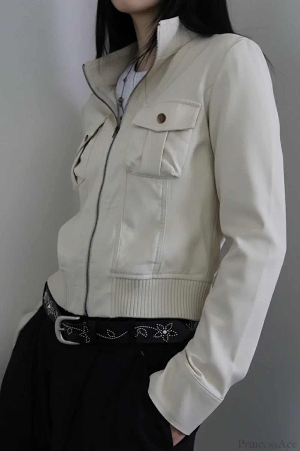 Utility Solid Color Pocket Stand Collar Waist Cinched Jacket - Image 3