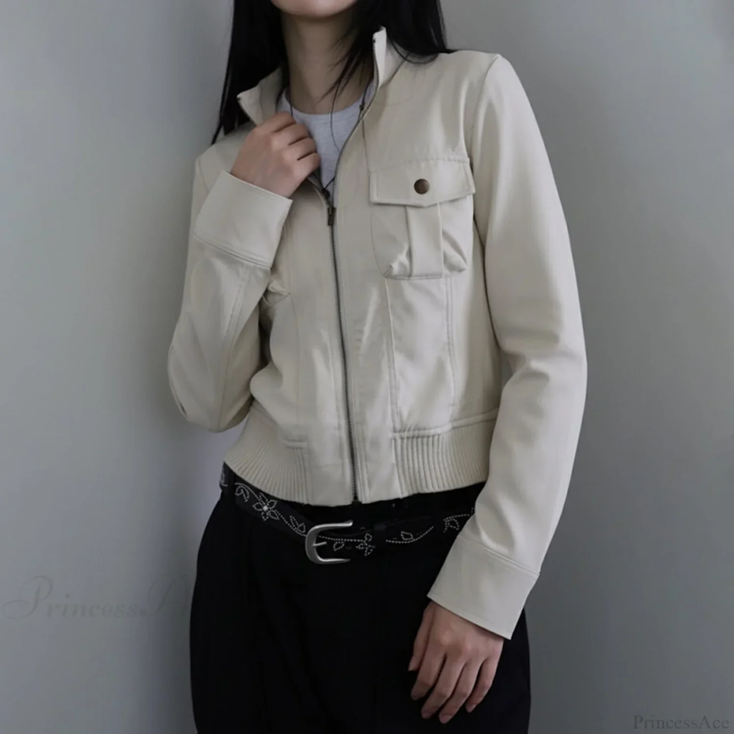 Utility Solid Color Pocket Stand Collar Waist Cinched Jacket - Image 5