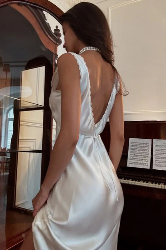 V Neck Backless Satin Lace Trim Waisted Midi Dress - Image 4
