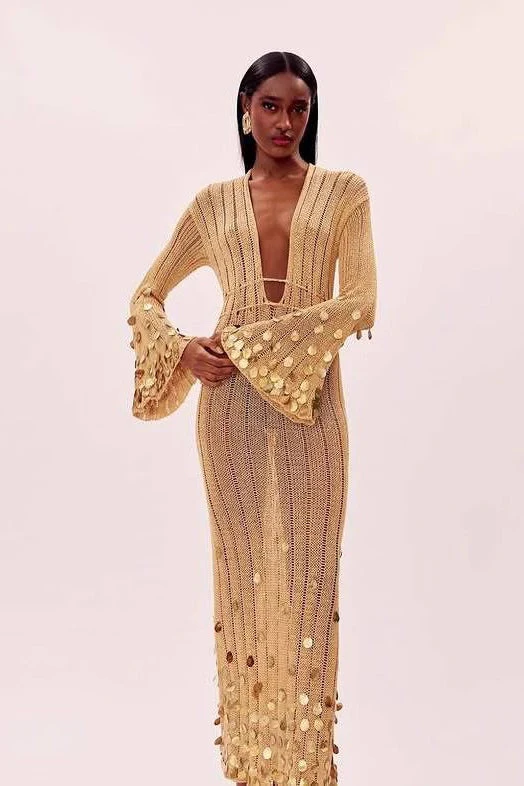 V Neck Belted Sequin Knit Maxi Dress - Image 2