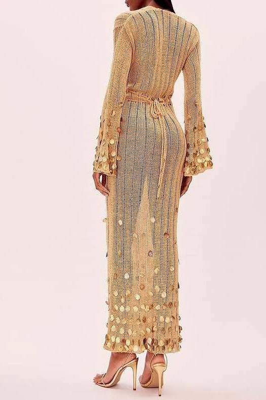 V Neck Belted Sequin Knit Maxi Dress - Image 5