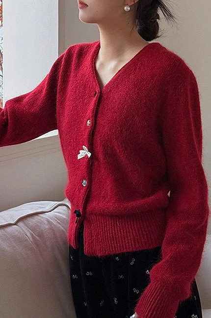 V Neck Bow Detail Button Cardigan - Image 2