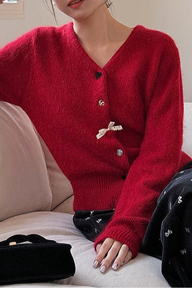 V Neck Bow Detail Button Cardigan - Image 4