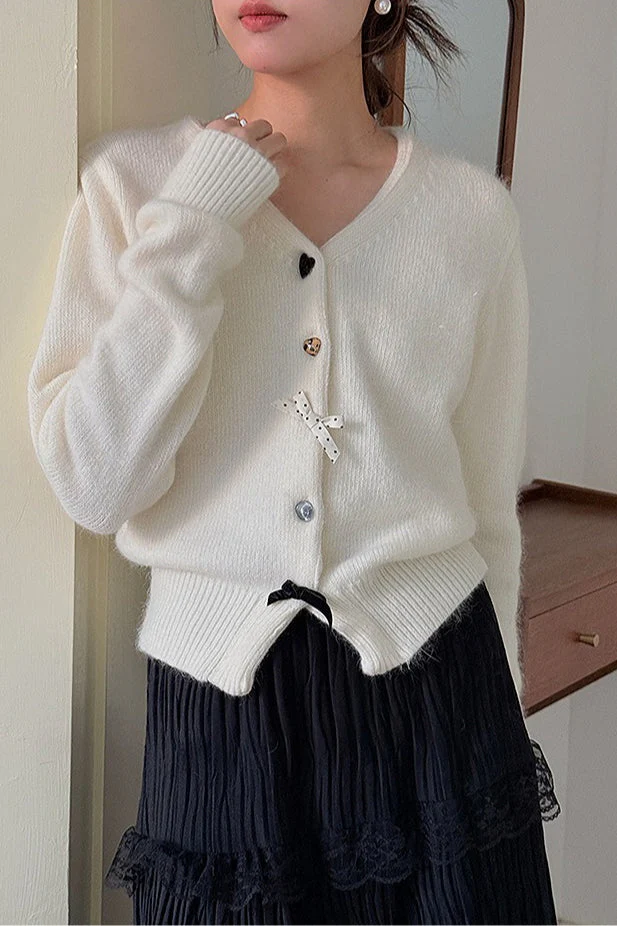 V Neck Bow Detail Button Cardigan - Image 6