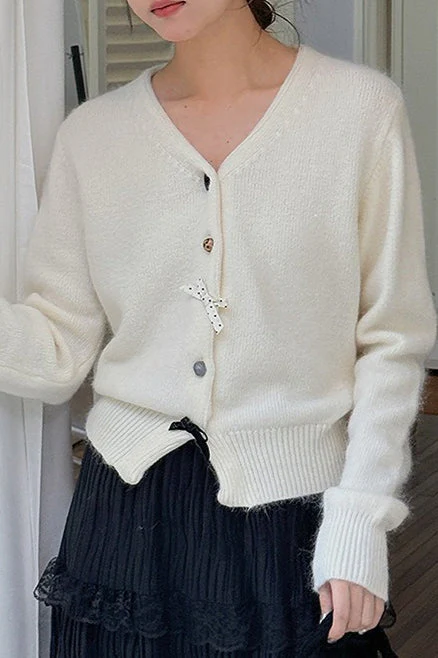 V Neck Bow Detail Button Cardigan - Image 7