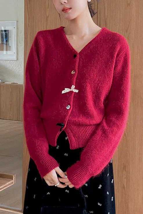 V Neck Bow Detail Button Cardigan - Image 8