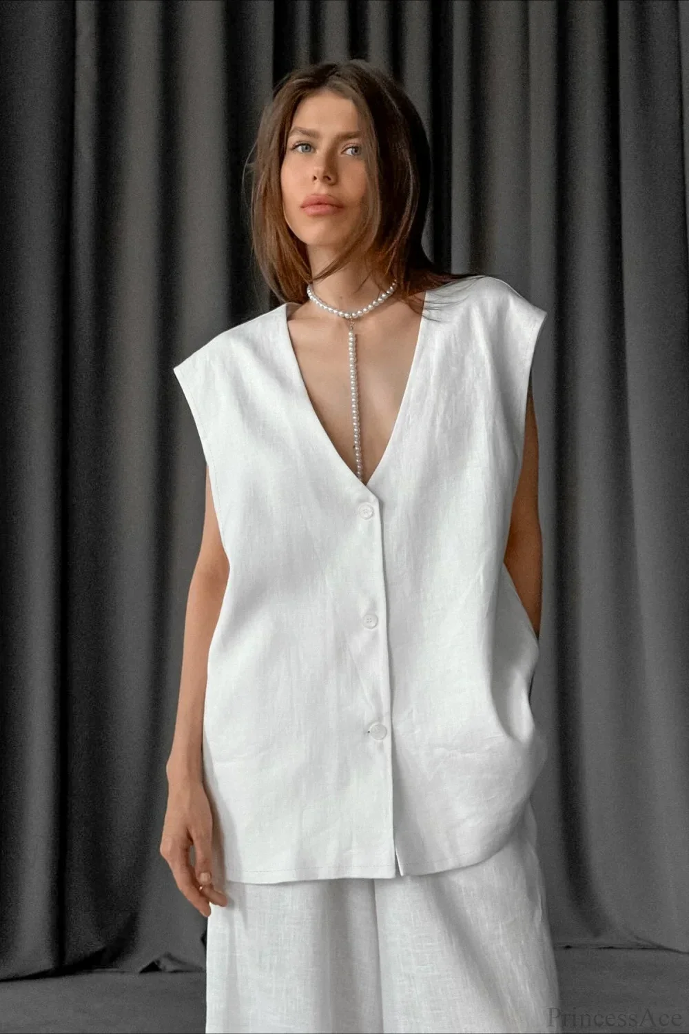 V-Neck Cotton Linen Sleeveless Vest Two Piece Set - Image 2