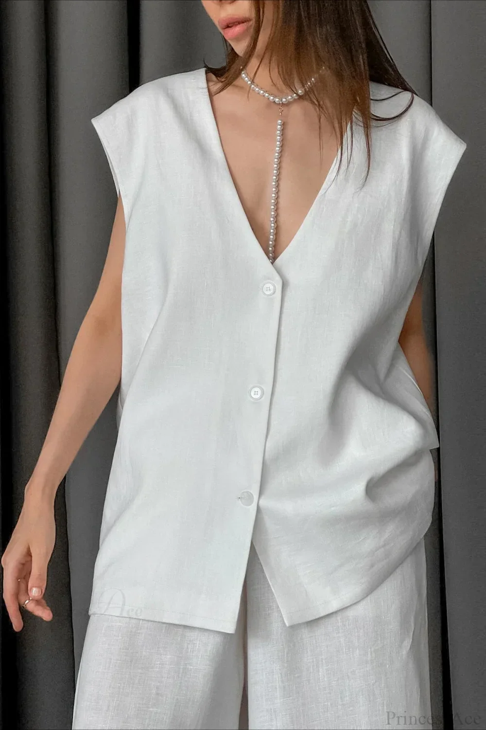 V-Neck Cotton Linen Sleeveless Vest Two Piece Set - Image 3
