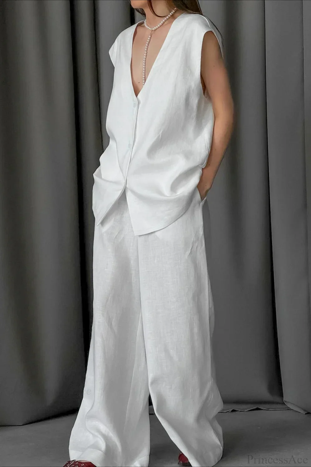 V-Neck Cotton Linen Sleeveless Vest Two Piece Set - Image 4