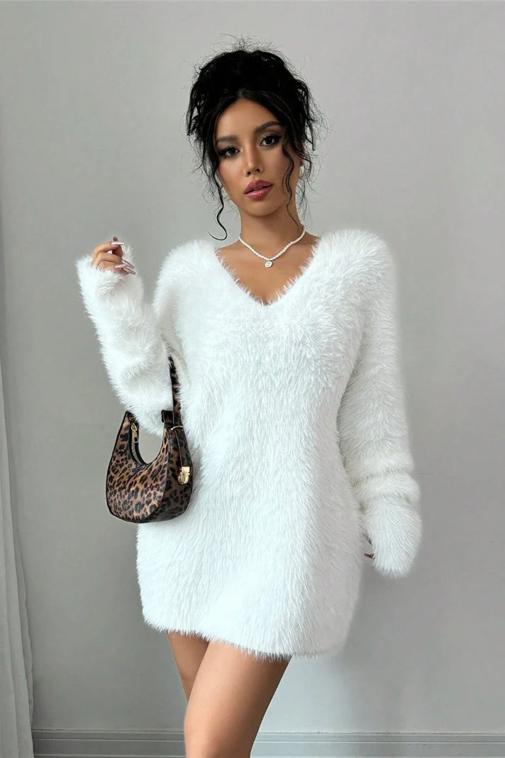 V-Neck Cozy Fuzzy Solid Loose Fit Sweater - Image 2
