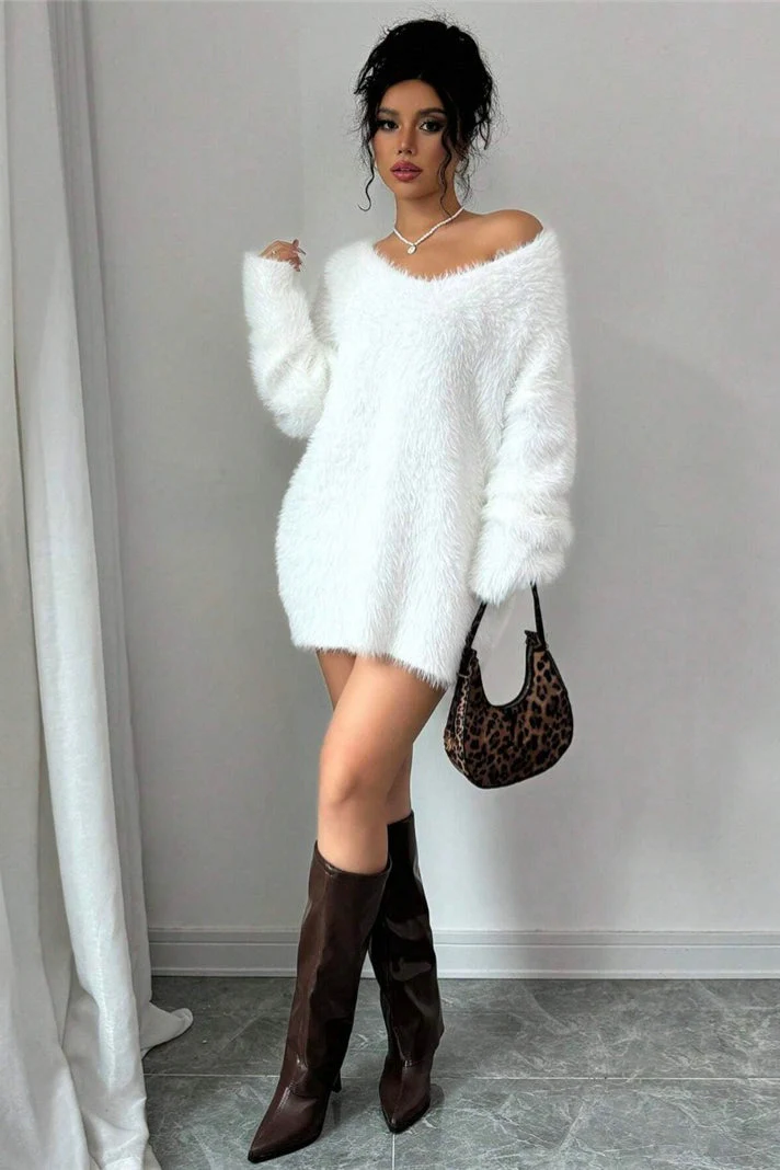 V-Neck Cozy Fuzzy Solid Loose Fit Sweater - Image 3