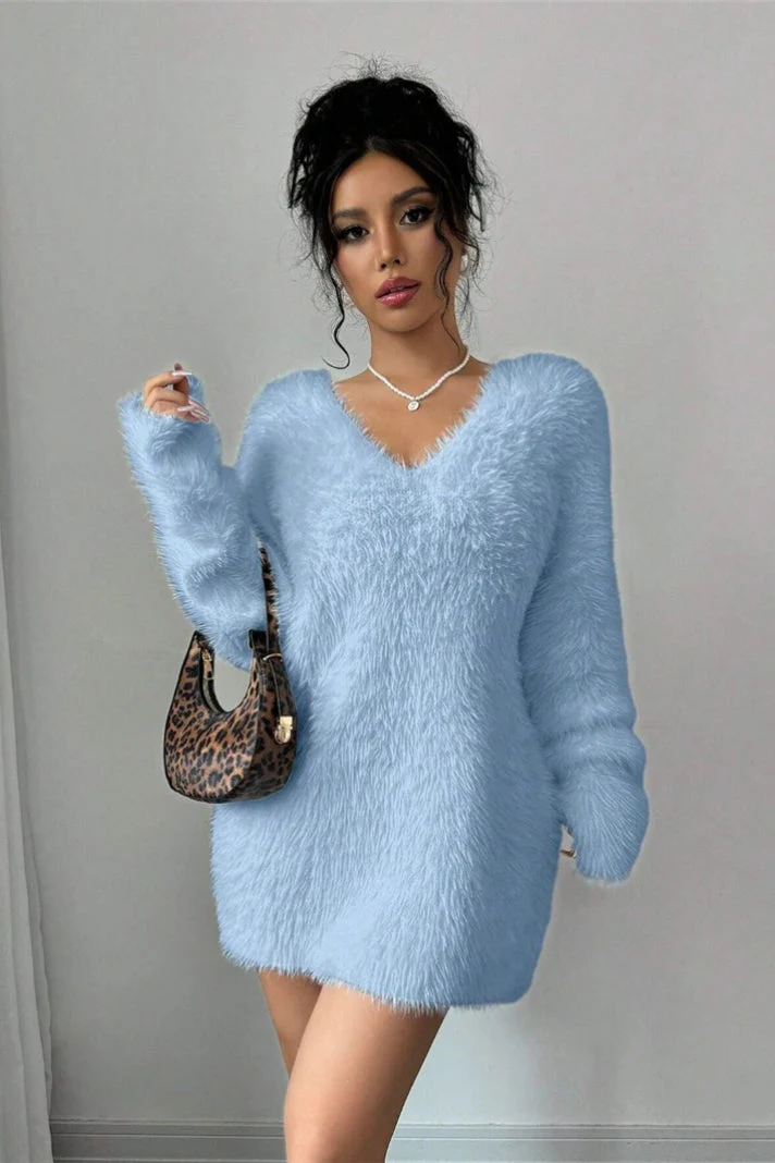 V-Neck Cozy Fuzzy Solid Loose Fit Sweater - Image 5