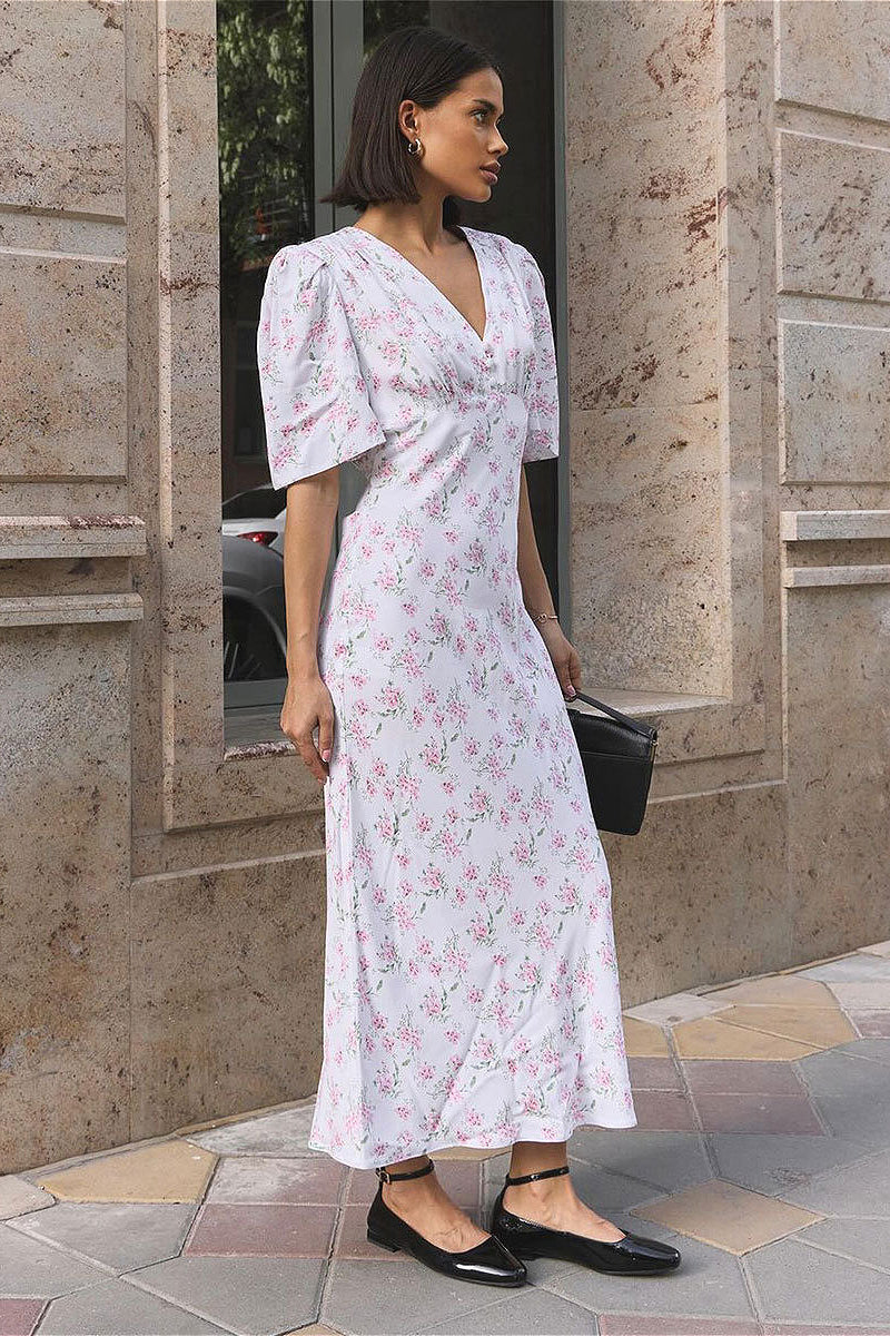 V Neck Fitted Shoulder High Waist Short Sleeve Floral Dress - Image 2