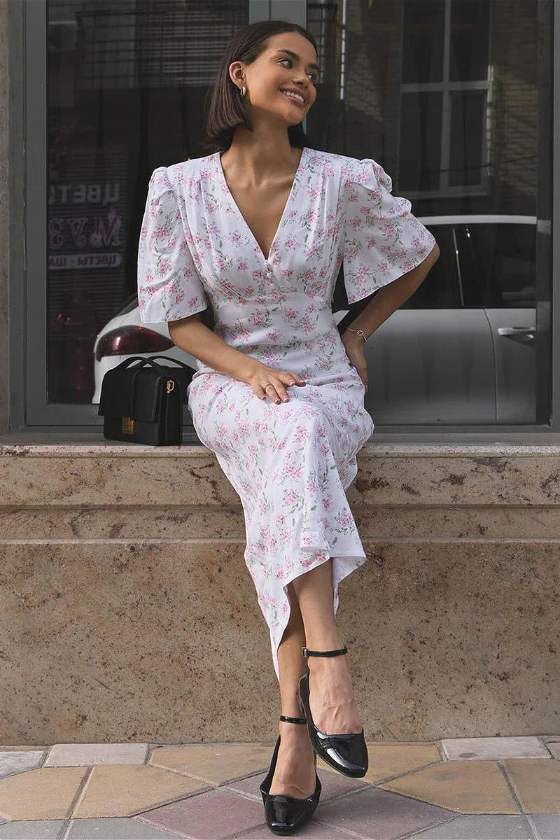 V Neck Fitted Shoulder High Waist Short Sleeve Floral Dress - Image 4
