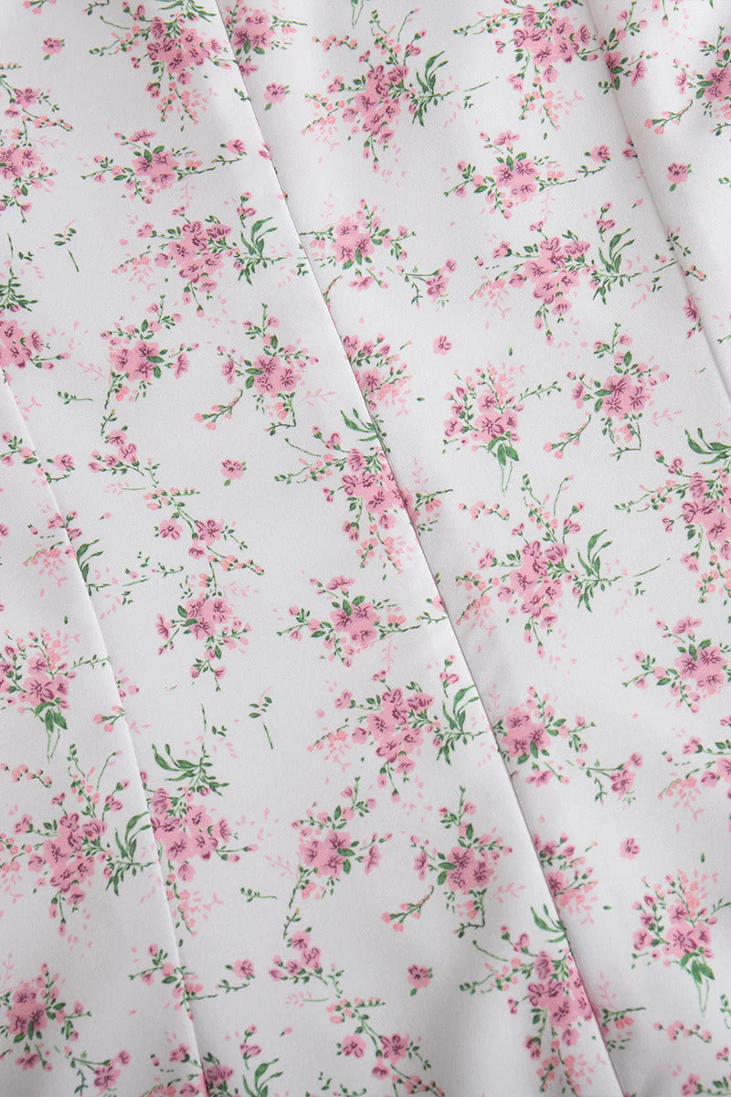 V Neck Fitted Shoulder High Waist Short Sleeve Floral Dress - Image 5